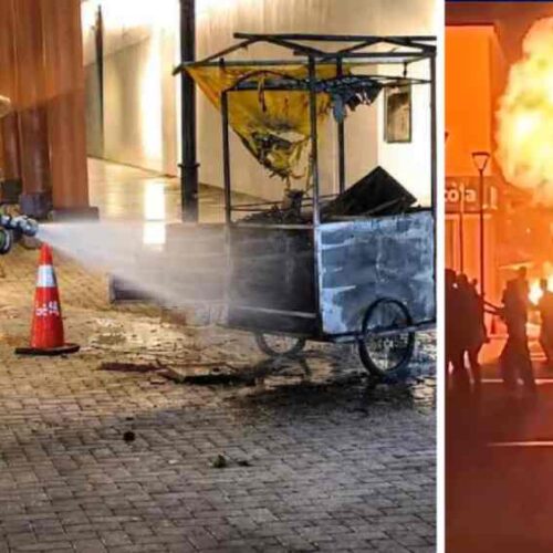 Equipos de Bomberos controlaron el incendio originado tras la explosión de un cilindro de gas en el centro de San Vicente. Foto: X / @BomberosSV