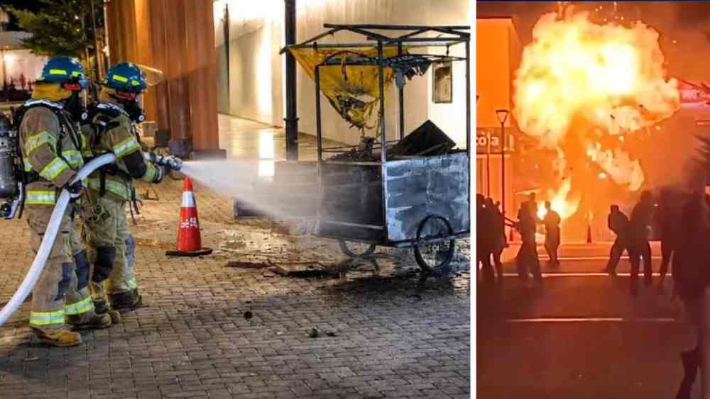 Equipos de Bomberos controlaron el incendio originado tras la explosión de un cilindro de gas en el centro de San Vicente. Foto: X / @BomberosSV