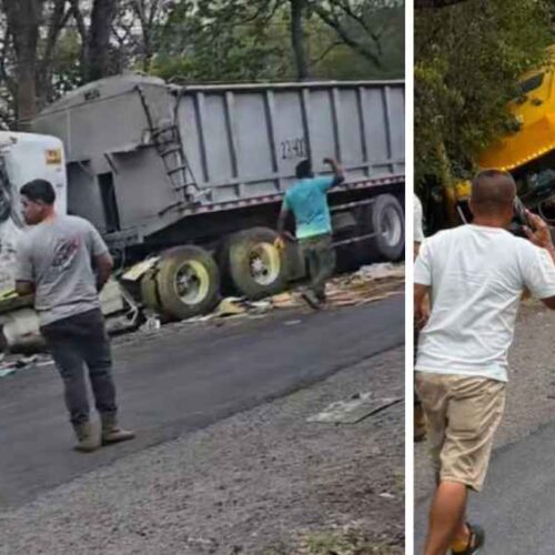 Equipos de rescate utilizaron equipo hidráulico para liberar a una persona atrapada tras el choque entre dos rastras en La Unión. Cortesía.