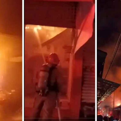 Equipos de Bomberos trabajan en el control del fuego dentro del mercado municipal de Armenia.