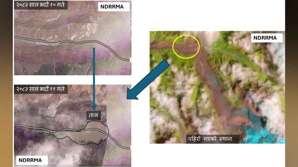 ⚠️ Advertencia: Riesgo de inundaciones persiste.
Estudio preliminar con imágenes satelitales (Planet Labs y Landsat, recibidas a las 11:44 a.m.) revela que el flujo del río se bloqueó a unos 18 km río arriba del puesto de control de Rasuwagadhi, formando un lago de aprox. 0.11 km².
Se pide a los residentes de zonas bajas extremar precauciones ante el riesgo de ruptura de esta represa natural. (Imagen satelital cortesía del Centro Stimson)
