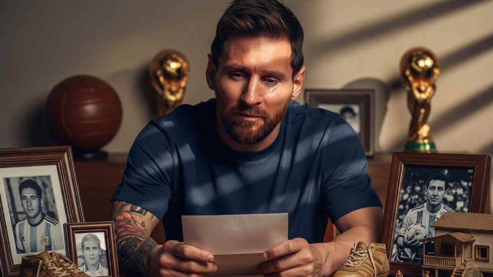 Lionel Messi atraviesa un momento de reflexión tras la partida de su mentor y padre. Ilustración creada con IA