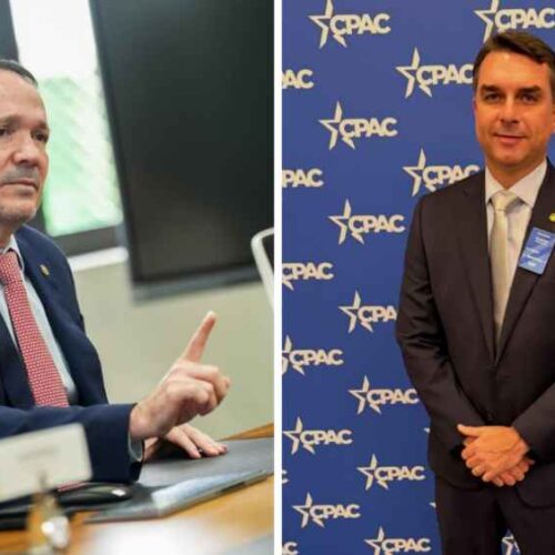 El senador brasileño Flávio Bolsonaro se reunió con el ministro Gustavo Villatoro para estudiar el modelo de seguridad salvadoreño. Archivo