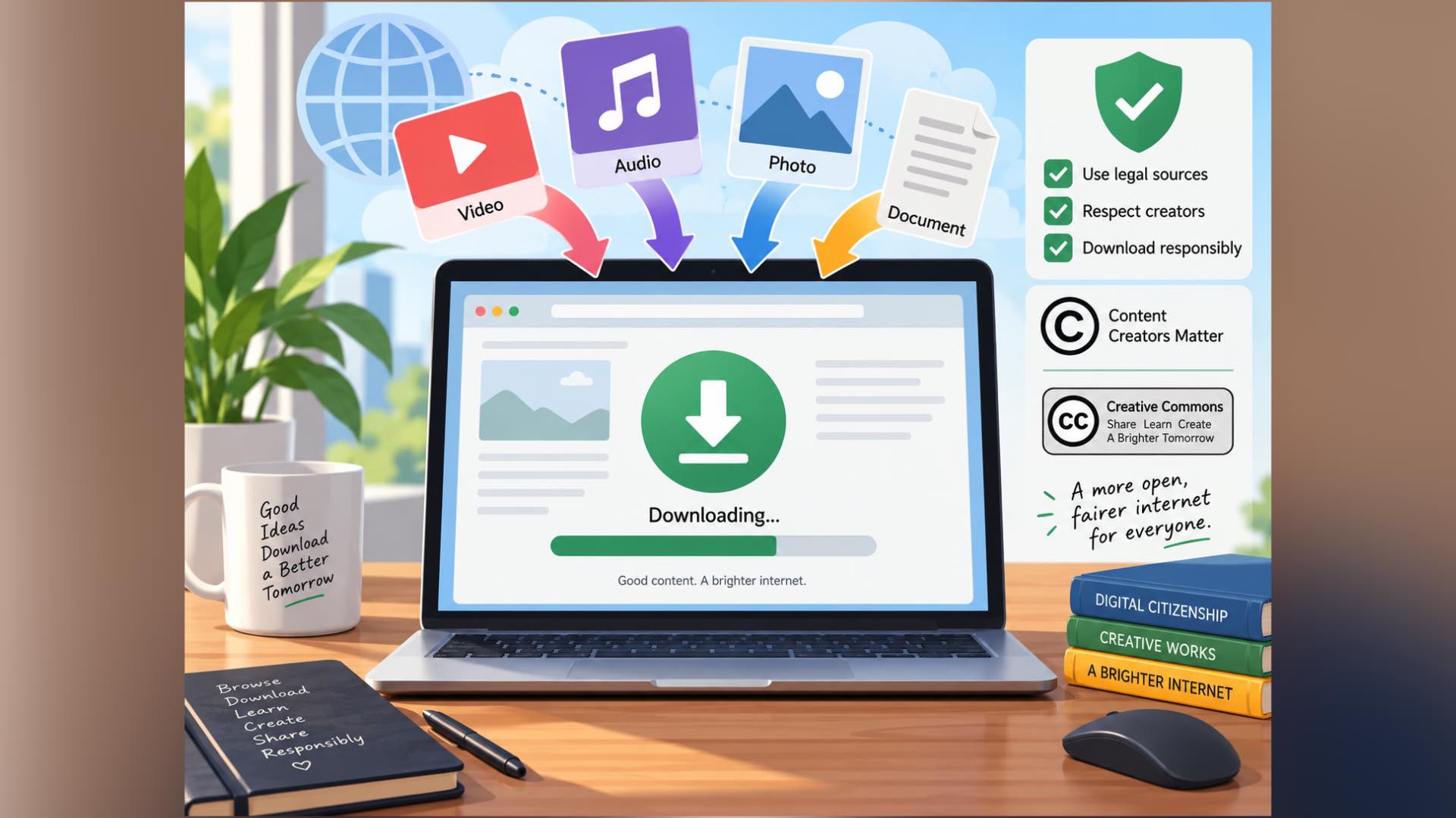 Las descargas desde Internet pueden ser útiles para estudiar o trabajar, pero cada archivo puede estar sujeto a diferentes condiciones de uso y derechos de autor. Ilustración