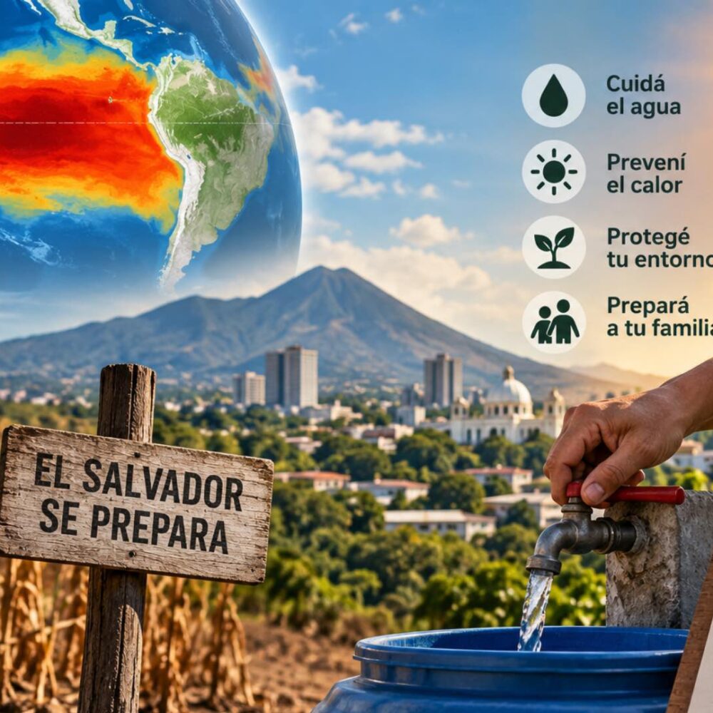El Niño continúa fortaleciéndose en el Pacífico mientras El Salvador enfrenta un escenario de menos lluvia y temperaturas elevadas hacia finales de 2026. Ilustración