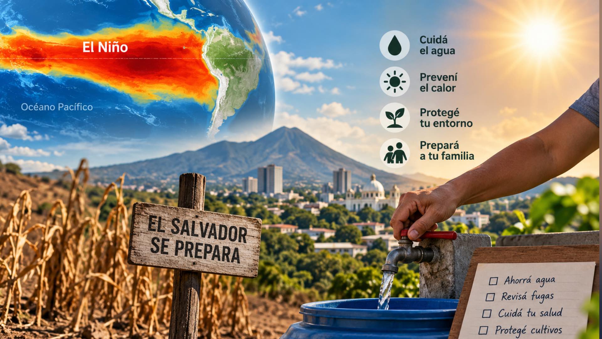 El Niño continúa fortaleciéndose en el Pacífico mientras El Salvador enfrenta un escenario de menos lluvia y temperaturas elevadas hacia finales de 2026. Ilustración