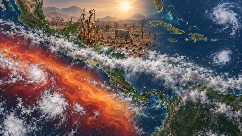 La sequía en El Salvador coincide con una temporada extraordinariamente débil de huracanes en el Atlántico y con el fortalecimiento de El Niño en el Pacífico. Ilustración