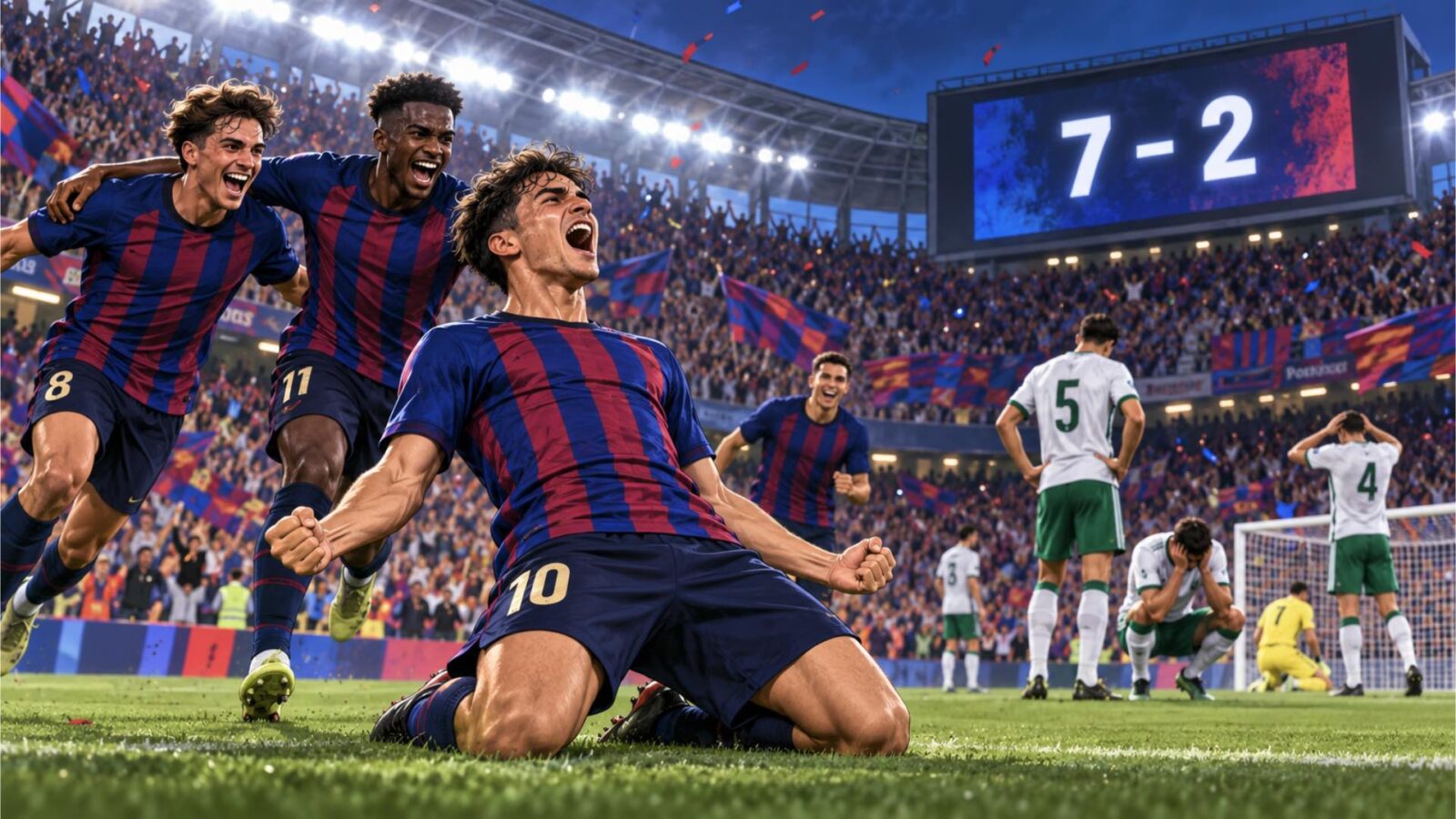 El Barça celebró siete goles ante el Racing de Santander y mantiene su paso perfecto como líder de LaLiga. Ilustración.
