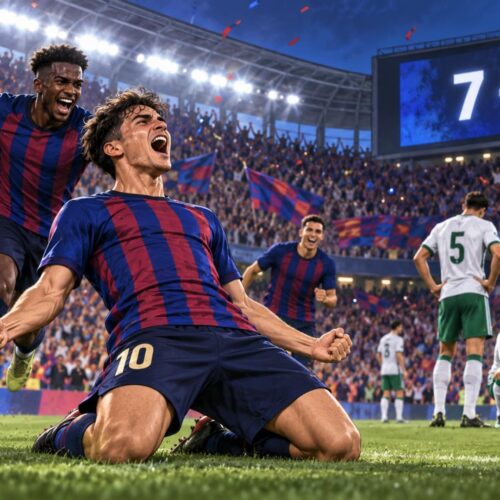 El Barça celebró siete goles ante el Racing de Santander y mantiene su paso perfecto como líder de LaLiga. Ilustración.