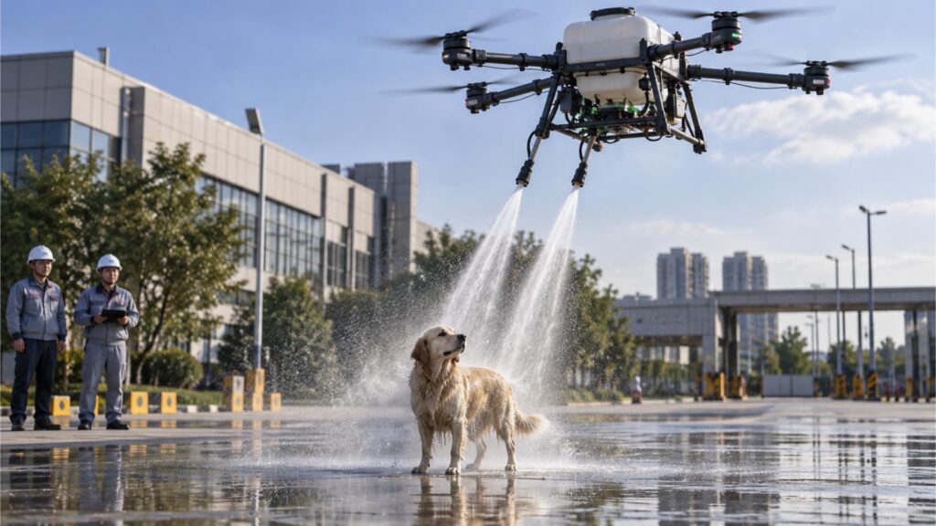El dron industrial rocía agua sobre un perro durante una demostración realizada en Linyi, China. Foto: captura de video. Ilustración.