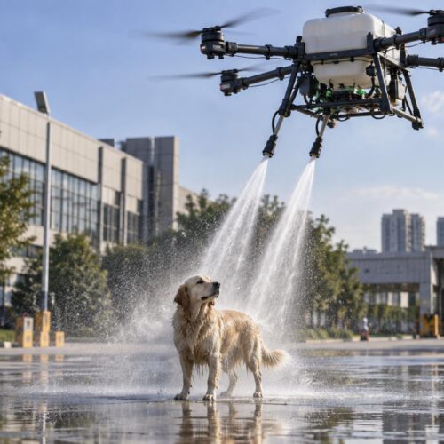 El dron industrial rocía agua sobre un perro durante una demostración realizada en Linyi, China. Foto: captura de video. Ilustración.