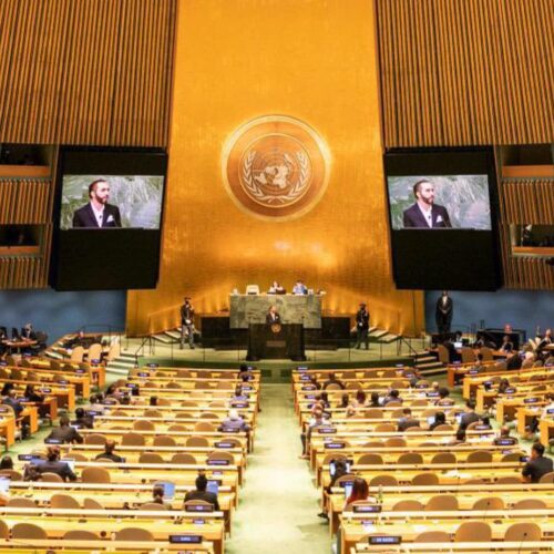 Bukele intervino por última vez de forma presencial ante la Asamblea General de Naciones Unidas en septiembre de 2024; en 2025 decidió no asistir. Archivo