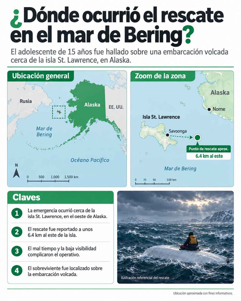 Un adolescente de 15 años sobrevivió más de dos días sobre una embarcación volcada en el mar de Bering. Fue localizado a unos 6.4 km al este de la isla St. Lawrence, en Alaska. Infografía / Publimetro El Salvador