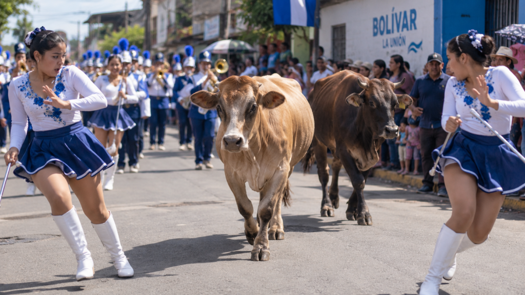 Dos vacas atravesaron el recorrido del desfile cívico en Bolívar, La Unión, ante la sorpresa de participantes y asistentes. Foto: Ilustración.