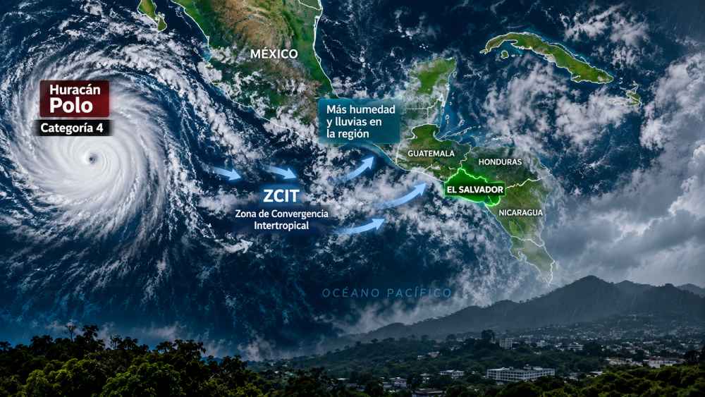 El huracán Polo alcanzó categoría 5 frente a México y su interacción con la ZCIT contribuye a mantener condiciones lluviosas en El Salvador. Foto: Ilustración.