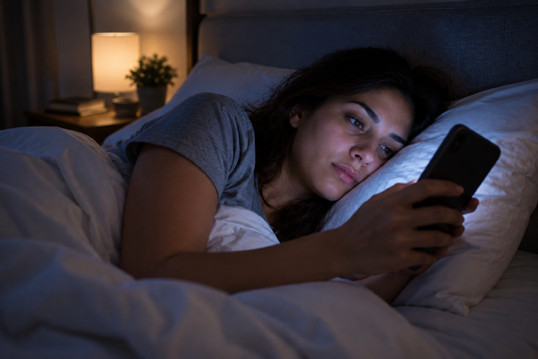 Persona utilizando un teléfono celular en la cama durante la noche antes de dormir. Foto: Archivo.