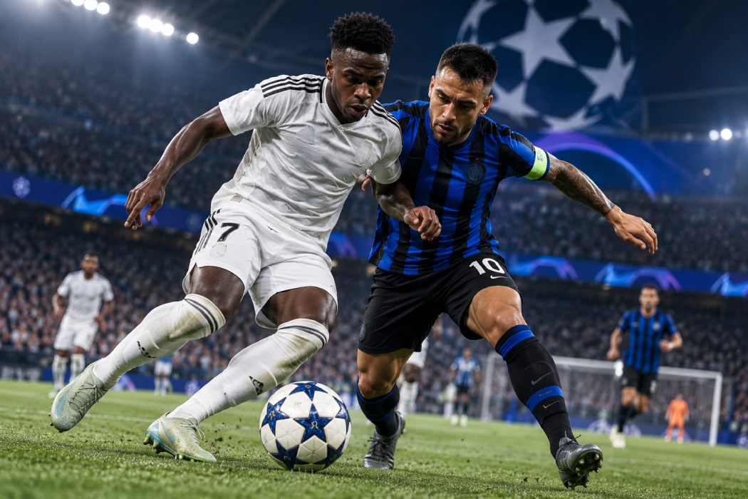 Futbolistas disputando el esférico en un encuentro oficial de la UEFA Champions League. Foto: Ilustración.