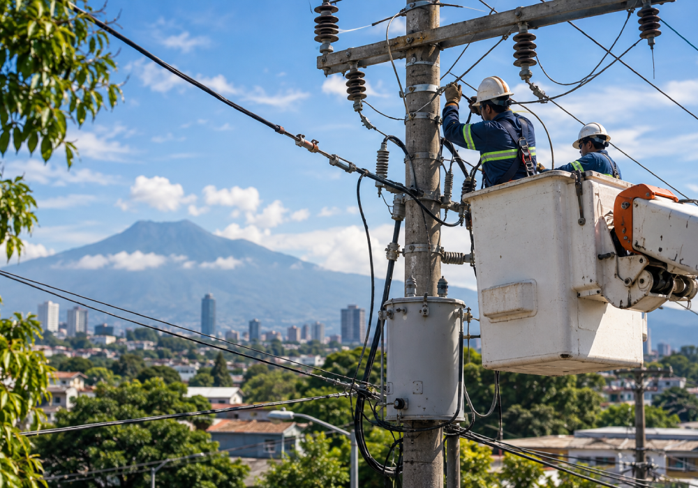 Trabajos de mantenimiento en la red eléctrica de DELSUR en El Salvador. Foto: Ilustración.