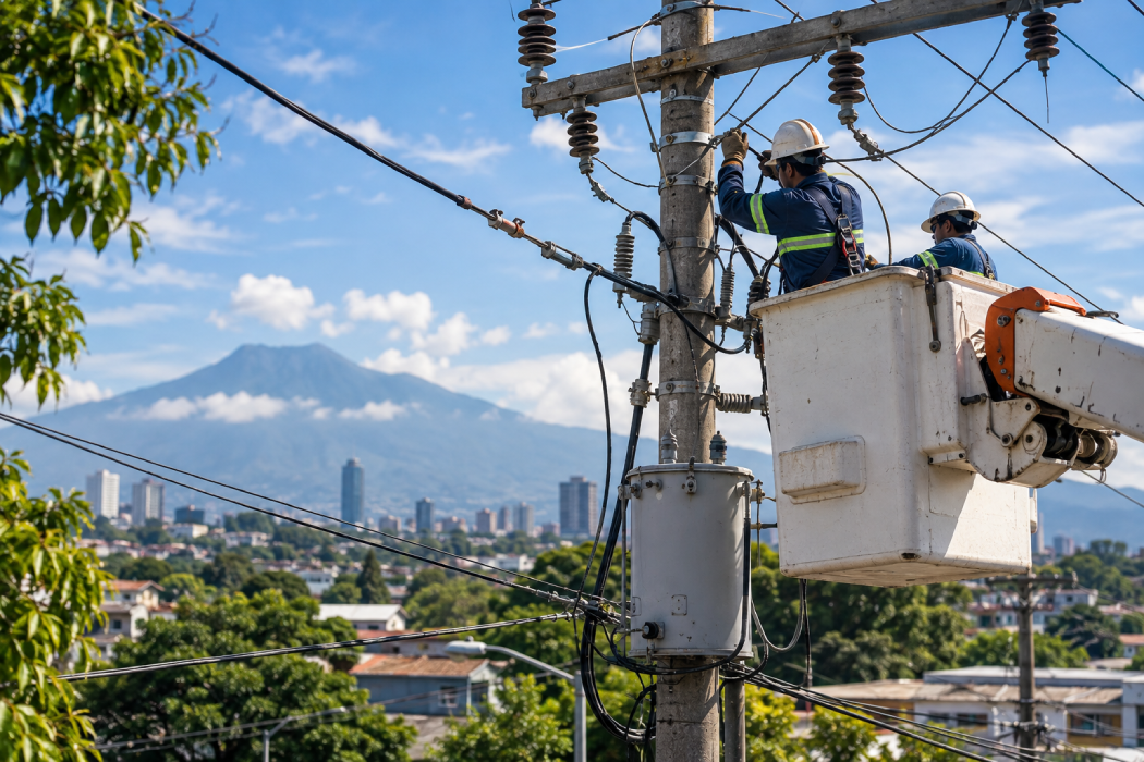 Trabajos de mantenimiento en la red eléctrica de DELSUR en El Salvador. Foto: Ilustración.