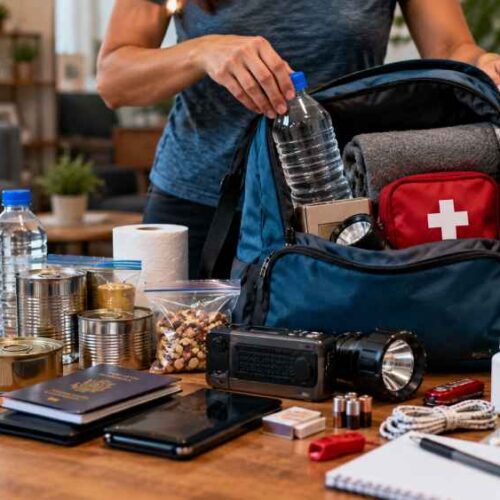 Una mochila de emergencia puede incluir agua, alimentos, documentos, medicamentos, linterna, radio, silbato y un botiquín. Foto: Ilustración.