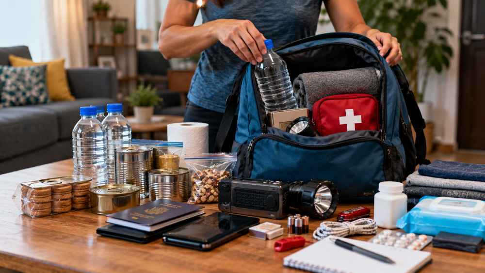 Una mochila de emergencia puede incluir agua, alimentos, documentos, medicamentos, linterna, radio, silbato y un botiquín. Foto: Ilustración.