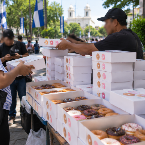 Cajas de donas ofrecidas para reventa durante septiembre de 2026 en El Salvador. Ilustración.