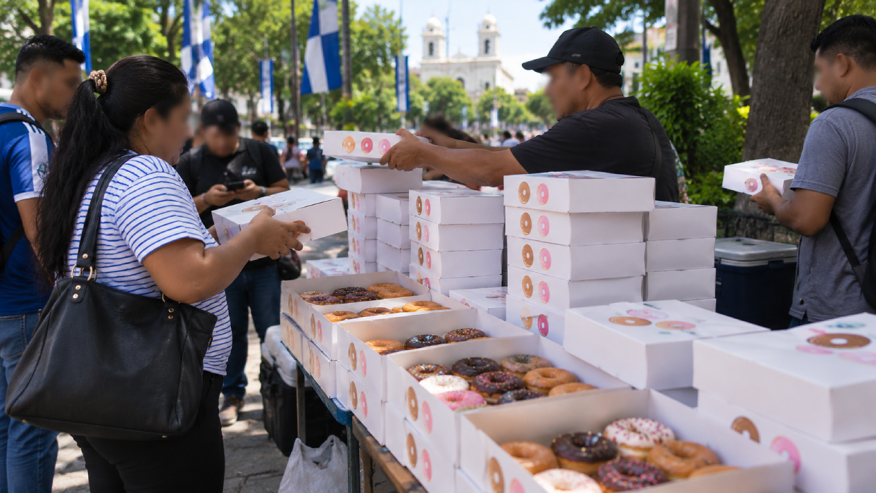 Cajas de donas ofrecidas para reventa durante septiembre de 2026 en El Salvador. Ilustración.