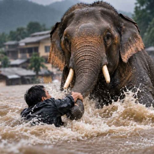 El supuesto rescate protagonizado por un elefante fue difundido como una escena de Nepal; verificaciones encontraron indicios de IA y publicaciones anteriores al desastre. Ilustración.