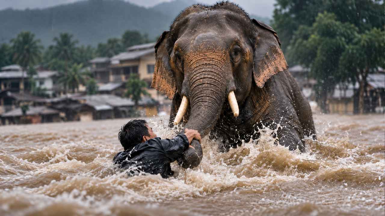 El supuesto rescate protagonizado por un elefante fue difundido como una escena de Nepal; verificaciones encontraron indicios de IA y publicaciones anteriores al desastre. Ilustración.