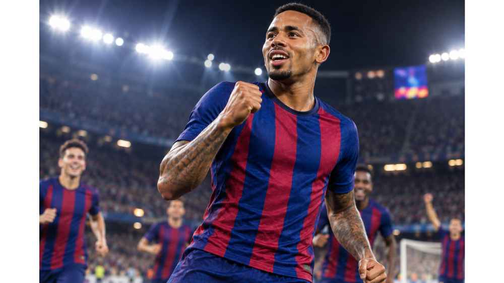 Gabriel Jesus celebró su primer gol con el Barcelona apenas minutos después de ingresar ante el Feyenoord en la Champions League. Ilustración
