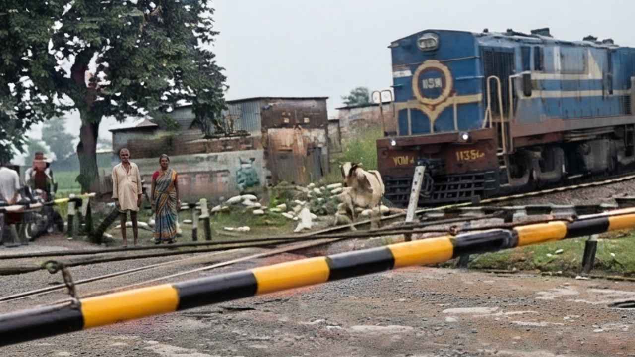 Vaca de pie junto a las vías del tren tras sobrevivir a un aparatoso impacto en Uttar Pradesh, India. Captura de pantalla