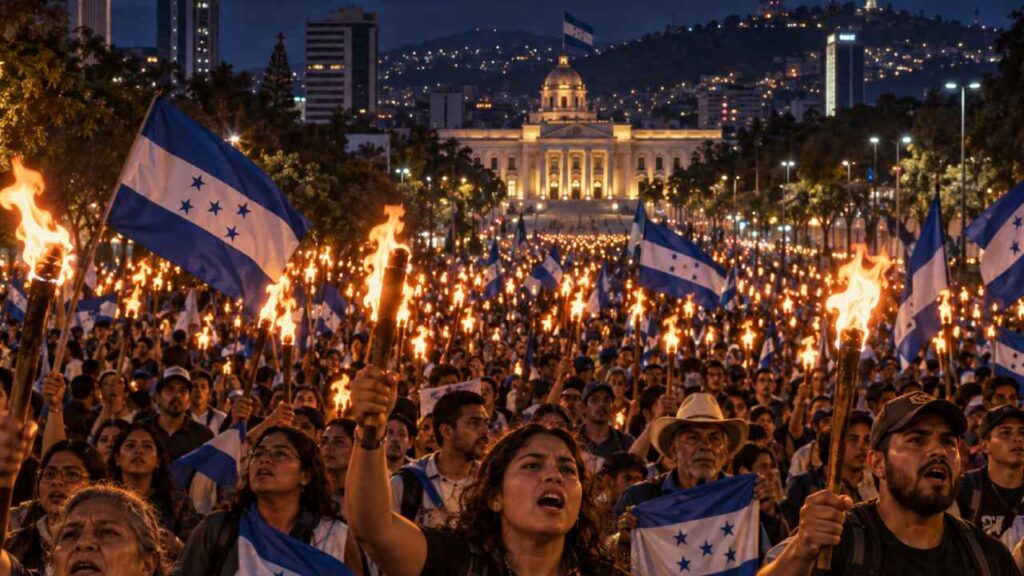 Manifestantes caminaron con antorchas por Tegucigalpa hasta las inmediaciones de Casa Presidencial para plantear diferentes reclamos al Gobierno de Nasry Asfura. Ilustración IA