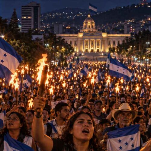 Manifestantes caminaron con antorchas por Tegucigalpa hasta las inmediaciones de Casa Presidencial para plantear diferentes reclamos al Gobierno de Nasry Asfura. Ilustración IA