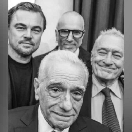 Hasta las leyendas deben acomodarse para la foto: DiCaprio, De Niro y Day-Lewis bromearon mientras posaban junto a Martin Scorsese.