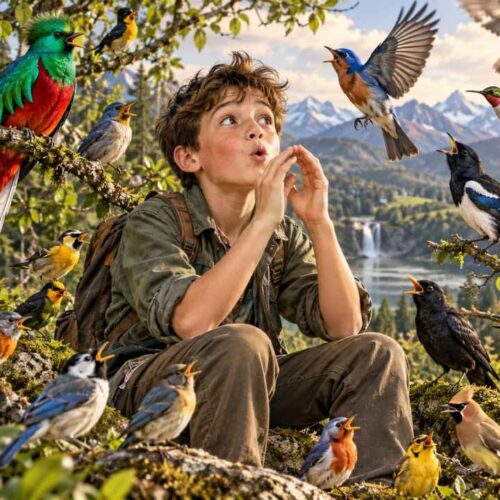 Samuel Henderson comenzó a interesarse por las aves cuando tenía cuatro años y actualmente reproduce los sonidos de más de 100 especies. Ilustración