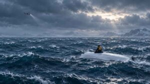 El adolescente fue encontrado sobre el casco volcado de la embarcación en el mar de Bering, donde había permanecido durante más de dos días. Ilustración IA.