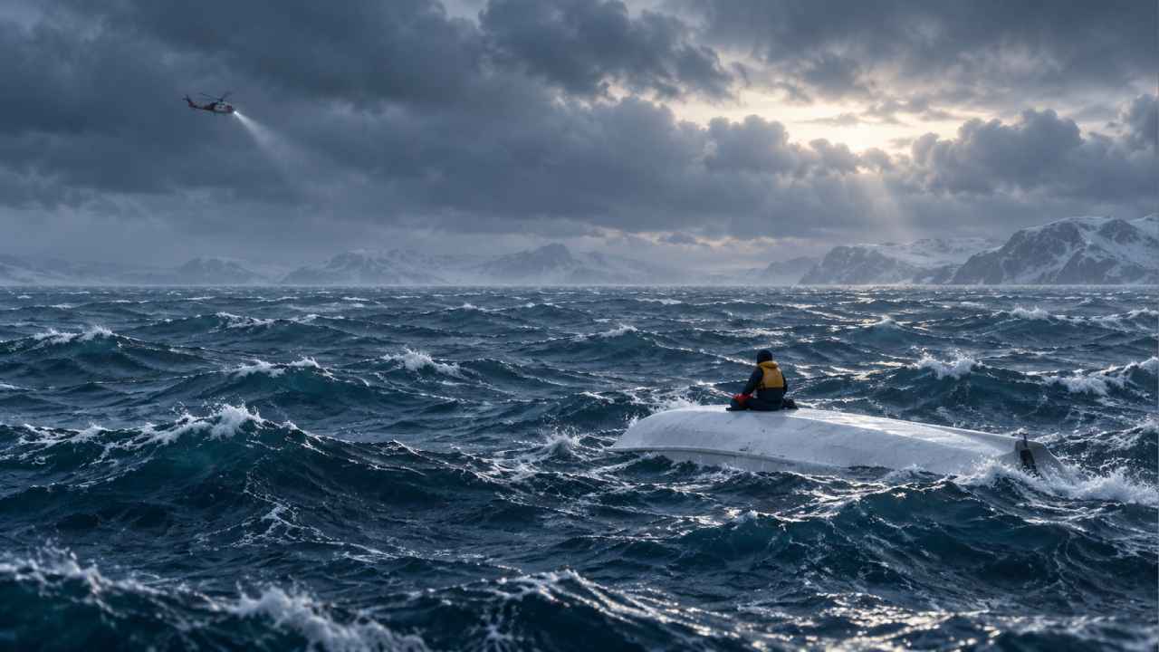 El adolescente fue encontrado sobre el casco volcado de la embarcación en el mar de Bering, donde había permanecido durante más de dos días. Ilustración IA.