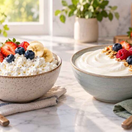 El requesón puede aportar ligeramente más proteína por cada 100 gramos que el yogur griego, pero este último suele destacar por sus cultivos vivos. Ilustración.
