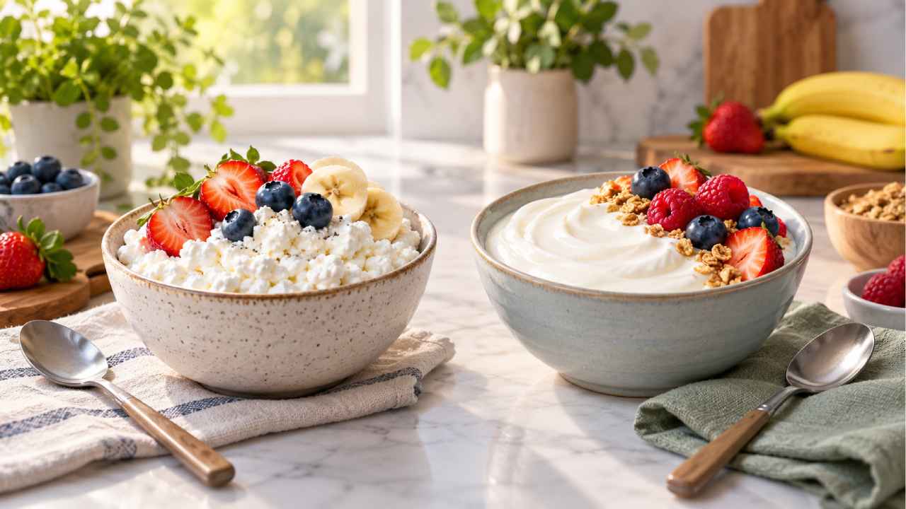 El requesón puede aportar ligeramente más proteína por cada 100 gramos que el yogur griego, pero este último suele destacar por sus cultivos vivos. Ilustración.