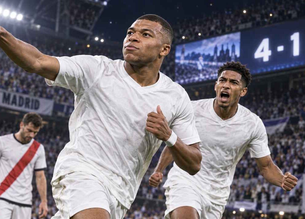 El Madrid celebró una goleada 4-1 sobre el Rayo Vallecano con dos goles de Kylian Mbappé. Ilustración.