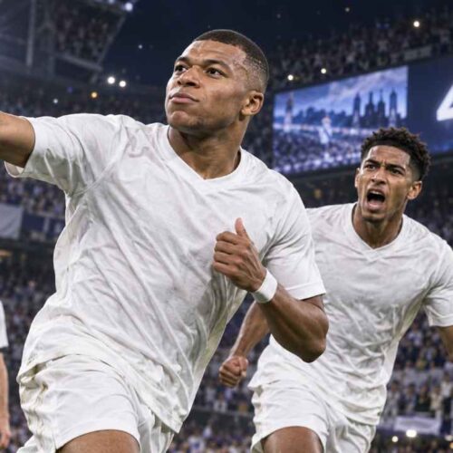 El Madrid celebró una goleada 4-1 sobre el Rayo Vallecano con dos goles de Kylian Mbappé. Ilustración.