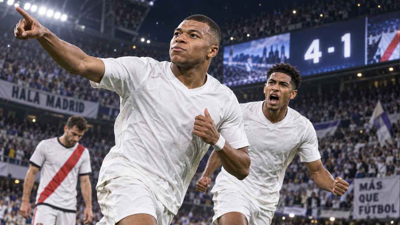 El Madrid celebró una goleada 4-1 sobre el Rayo Vallecano con dos goles de Kylian Mbappé. Ilustración.