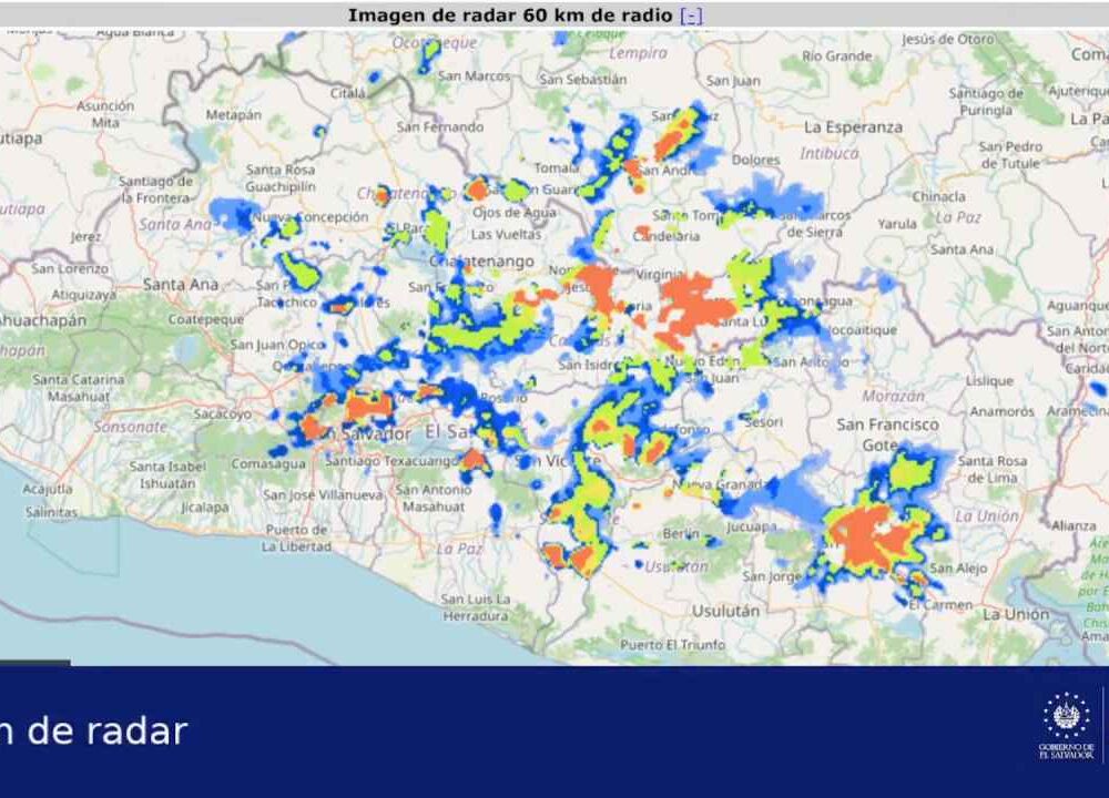 Captura de la red de radares meteorológicos del MARN mostrando la extensión de las precipitaciones en El Salvador. Cortesía