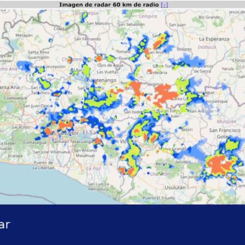 Captura de la red de radares meteorológicos del MARN mostrando la extensión de las precipitaciones en El Salvador. Cortesía