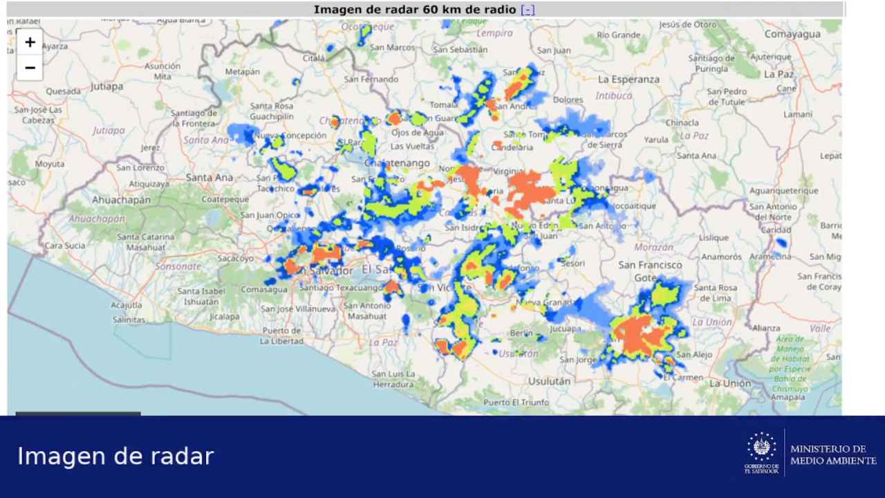 Captura de la red de radares meteorológicos del MARN mostrando la extensión de las precipitaciones en El Salvador. Cortesía