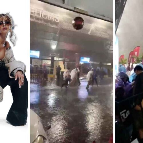 Seguidores de Tini esperaron durante horas en Las Delicias antes de que las fuertes lluvias obligaran a suspender el concierto programado para el sábado. Redes.