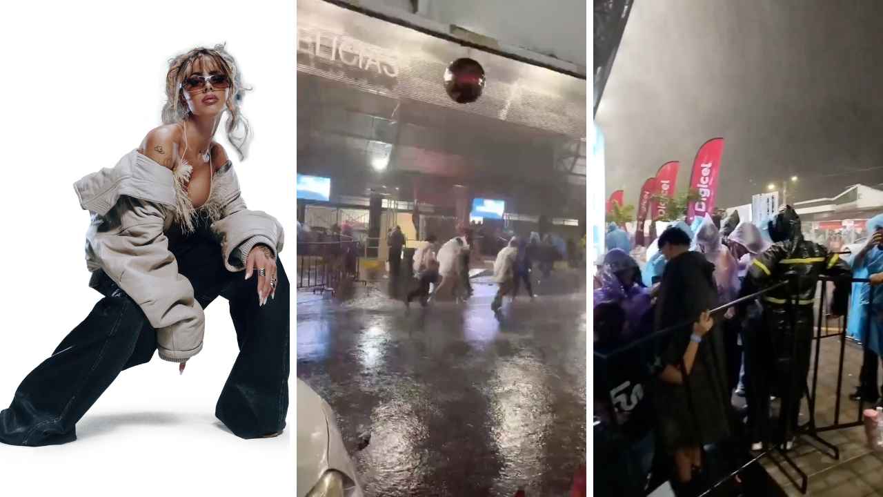 Seguidores de Tini esperaron durante horas en Las Delicias antes de que las fuertes lluvias obligaran a suspender el concierto programado para el sábado. Redes.