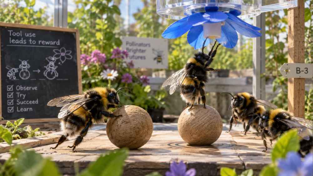 Los abejorros consiguieron mover una pelota hasta colocarla debajo de una flor artificial y utilizarla para alcanzar una recompensa.
