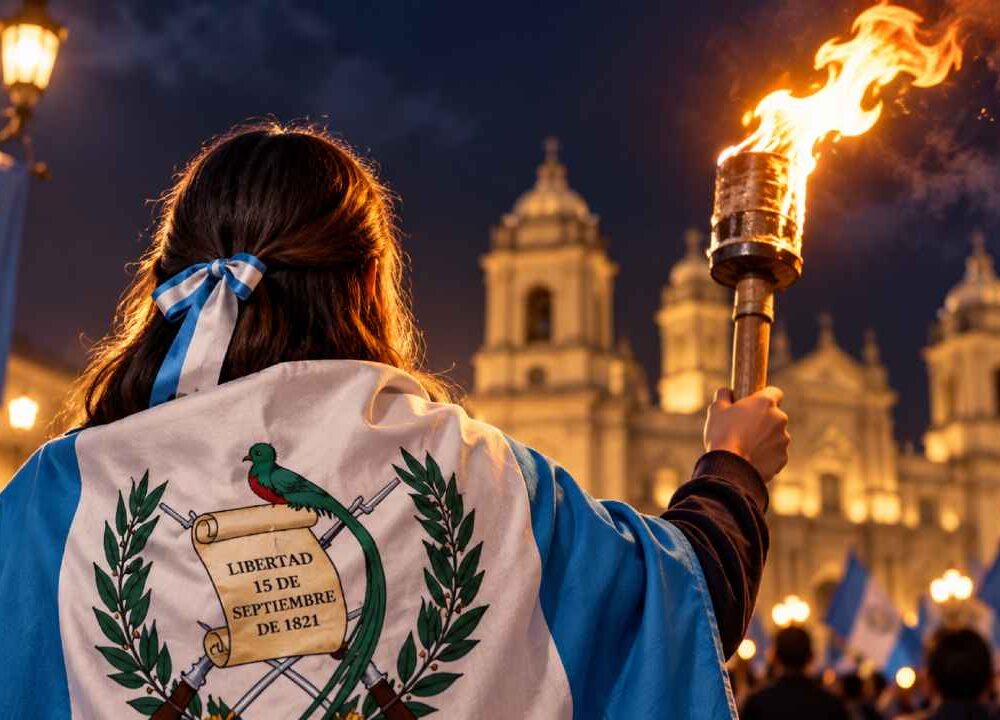 Las antorchas recorren cada 14 de septiembre calles y carreteras de Guatemala como antesala de la conmemoración de la Independencia. Ilustración IA