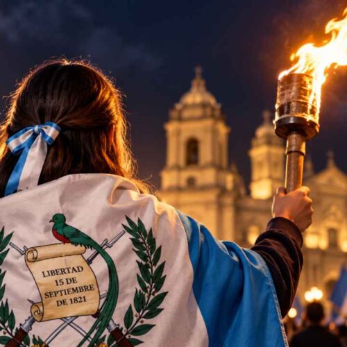 Las antorchas recorren cada 14 de septiembre calles y carreteras de Guatemala como antesala de la conmemoración de la Independencia. Ilustración IA